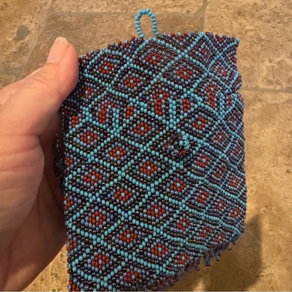 Elegant Beaded Blue and Burgundy Fringe Mini Bag Size 3 1/2”x4” - Picture 5 of 6